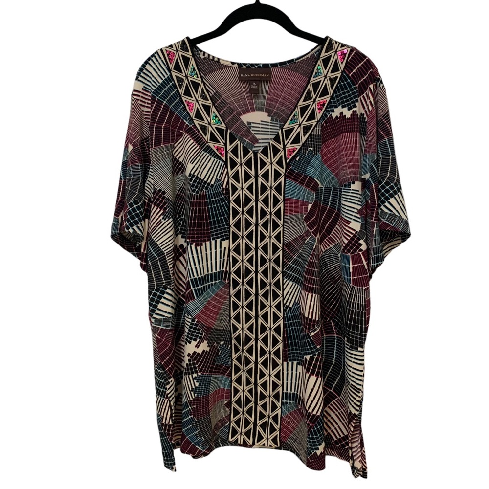 Dana Buchman Black Abstract Short Sleeved Tunic Dress Sequins Sz XL